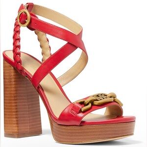 Michael Kors Women Red Kailey Leather Braided Strap Chunky Platform Heels Size 8